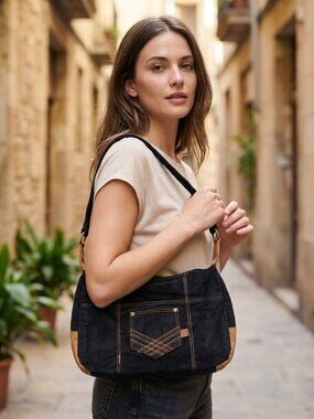 Denim Black and Brown Top Zip Closure Shoulder Bag Handbag
